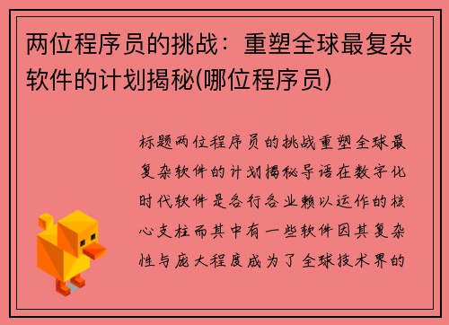 两位程序员的挑战：重塑全球最复杂软件的计划揭秘(哪位程序员)